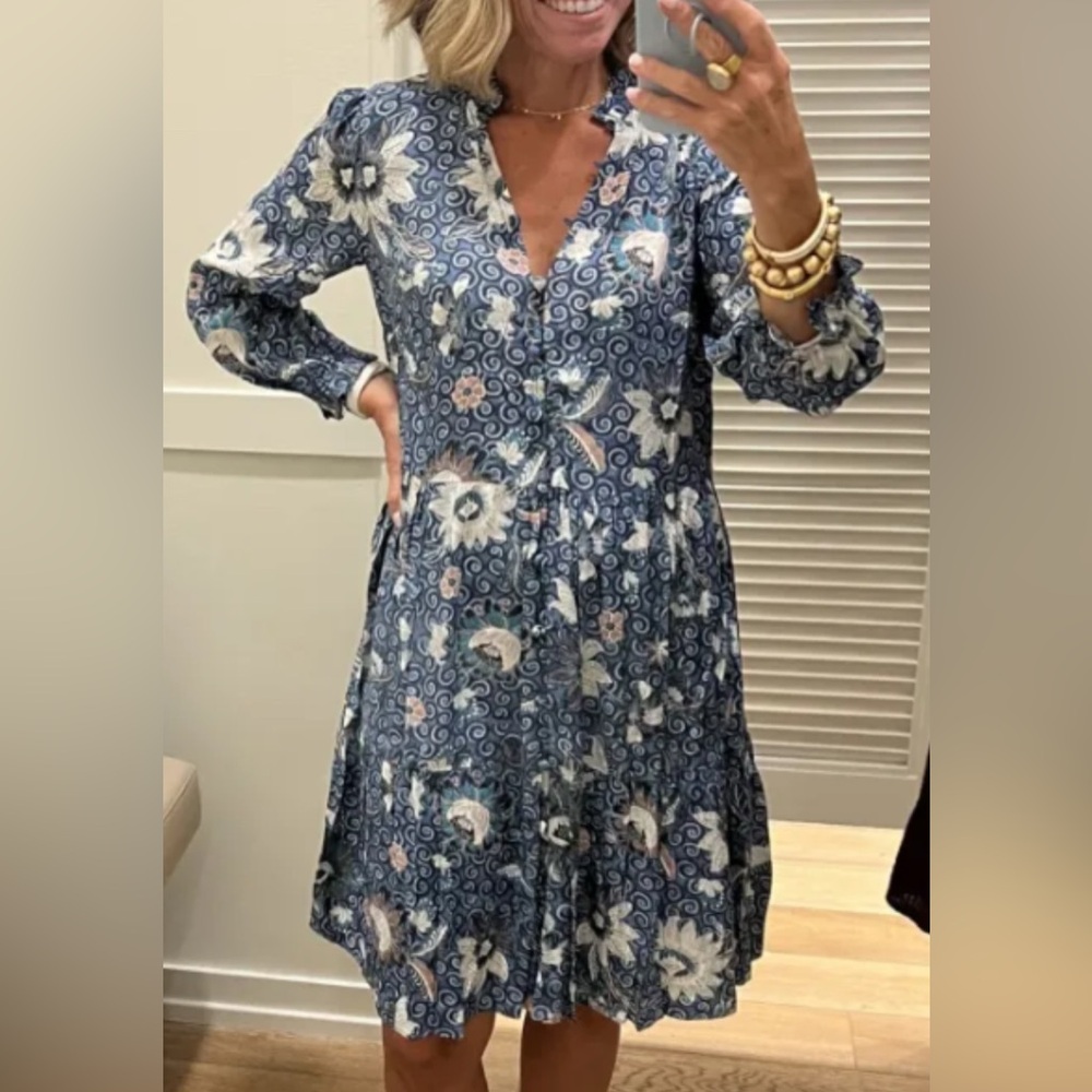 LOFT Blue Floral Quarter Sleeve Swing Dress